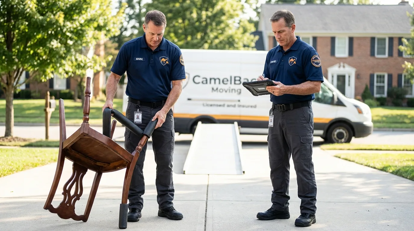 Movers inspecting furniture for damage prevention before loading in Nicholson, GA