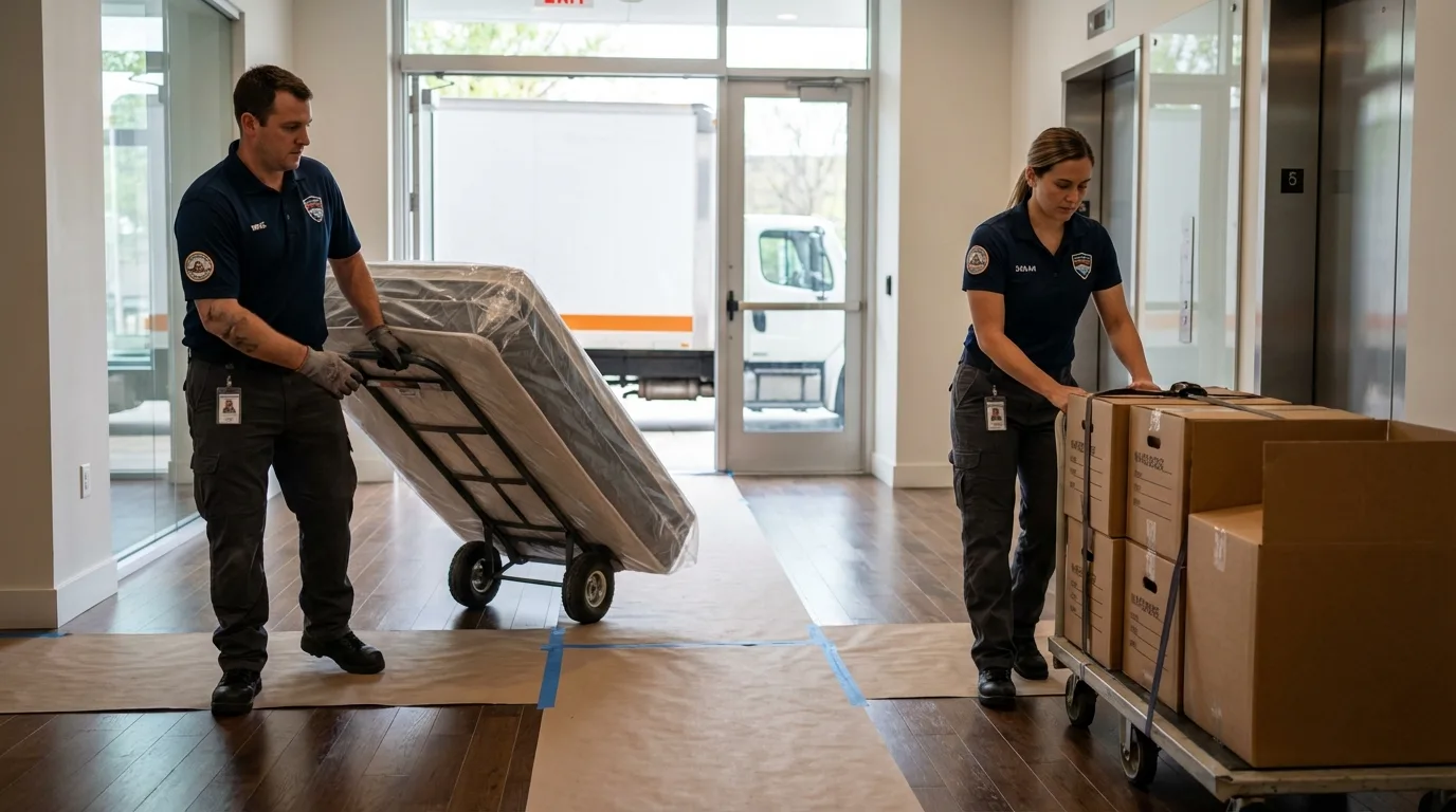 Professional apartment movers loading elevator in Nicholson, GA