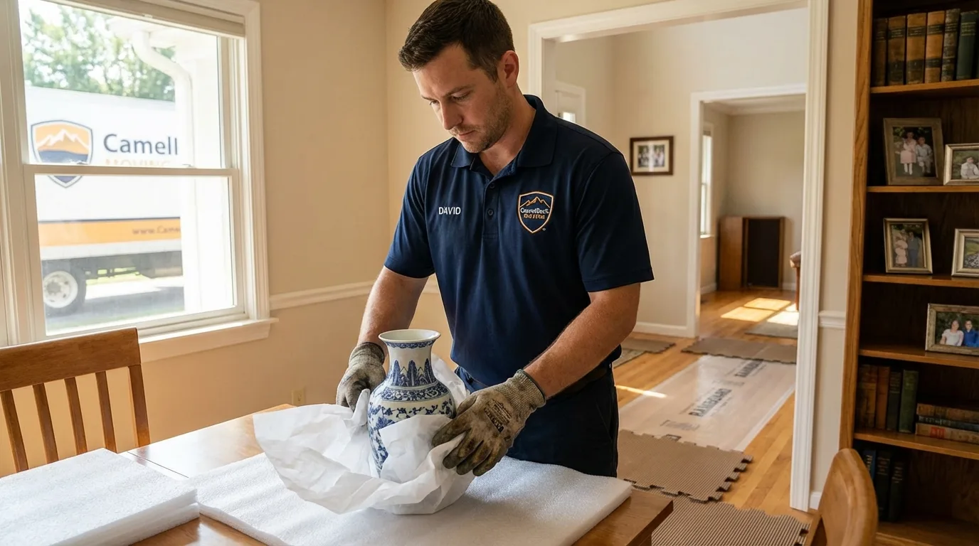 Professional crew carefully wrapping antique vase for senior downsizing move in Nicholson, GA